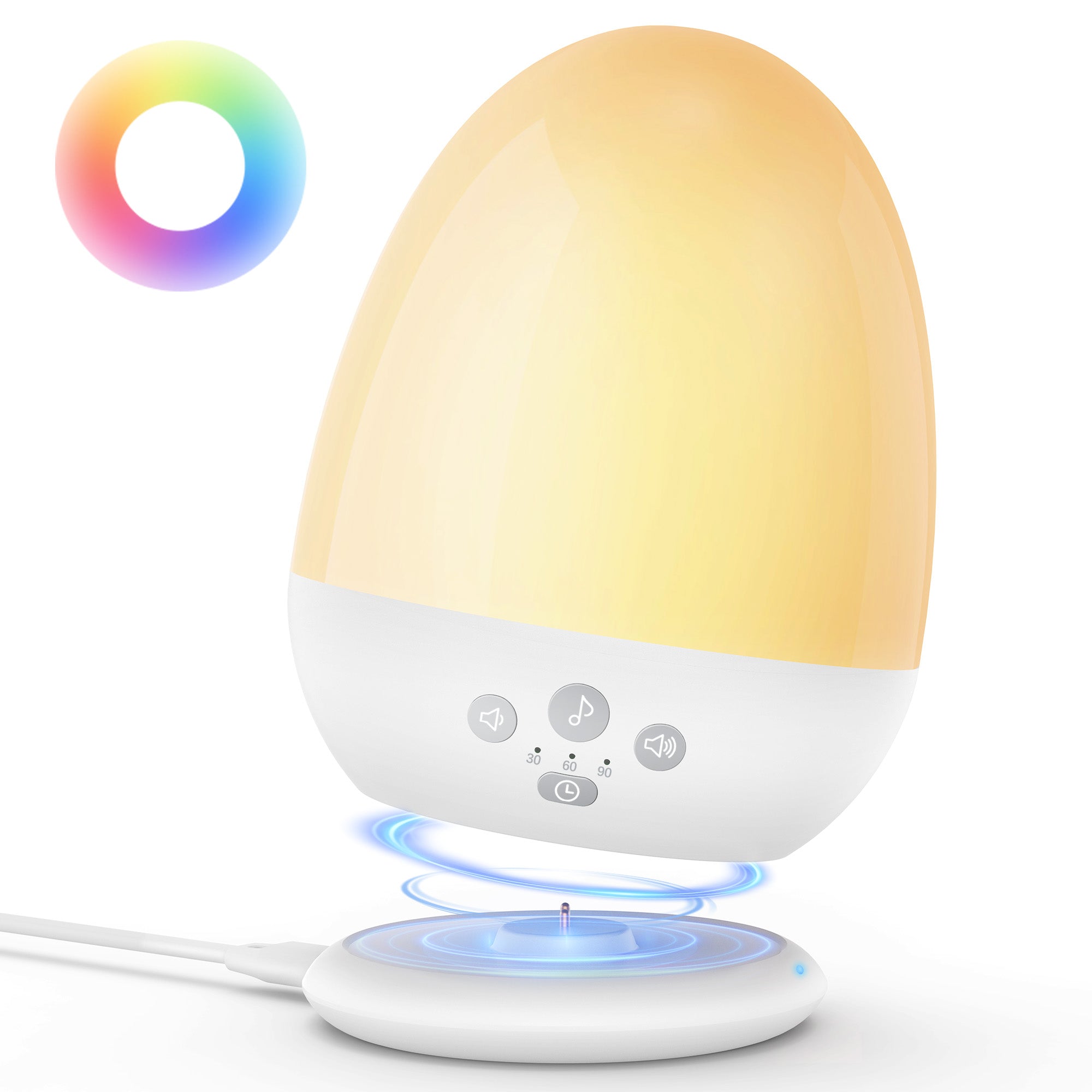 Night Light with 18 White Noise Sound, Stepless Dimmable RGB Egg Light, Warm & Cool Light, Touch Control, Portable Sound Machine, Auto Timer, Long-Last Battery, Eye Caring, Fast-Charging Base