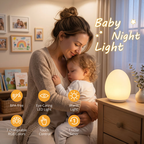 Egg Light, 7 Colors RGB Night Light for Kids, Dimmable Touch Control Night Light, Rechargeable Portable Nursery Lamp with Timer, Soft Light for Breastfeeding, Newborn, Toddler & Kids Room
