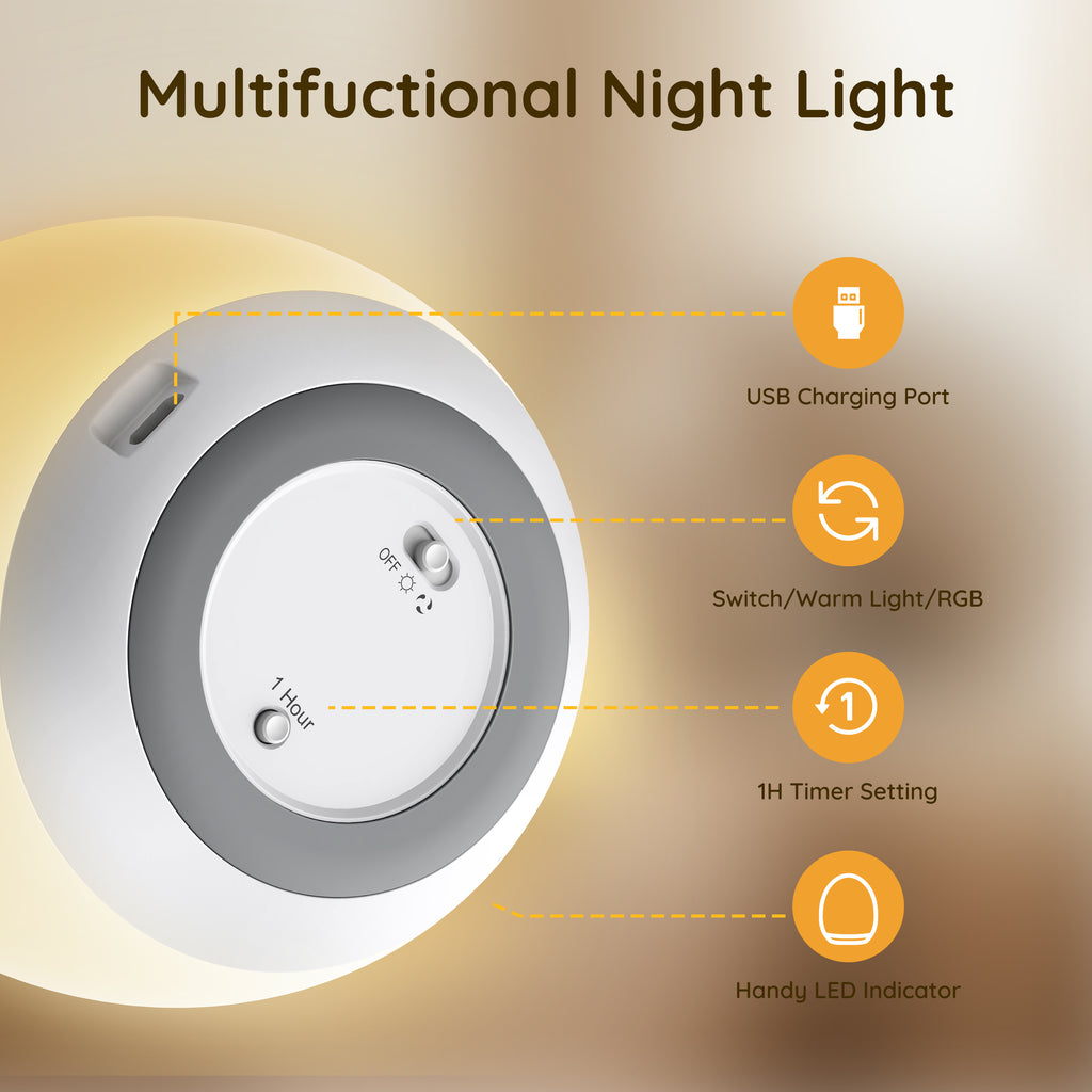 sympa Nachtlicht, Stilllicht Dimmbar mit RGB für Kinderzimmer/200 Stunden Akkulaufzeit, dimmbarer Warm- und RGB-Beleuchtung, BPA-frei, Touchsteuerung, USB Wiederaufladbar, 1 H Timer