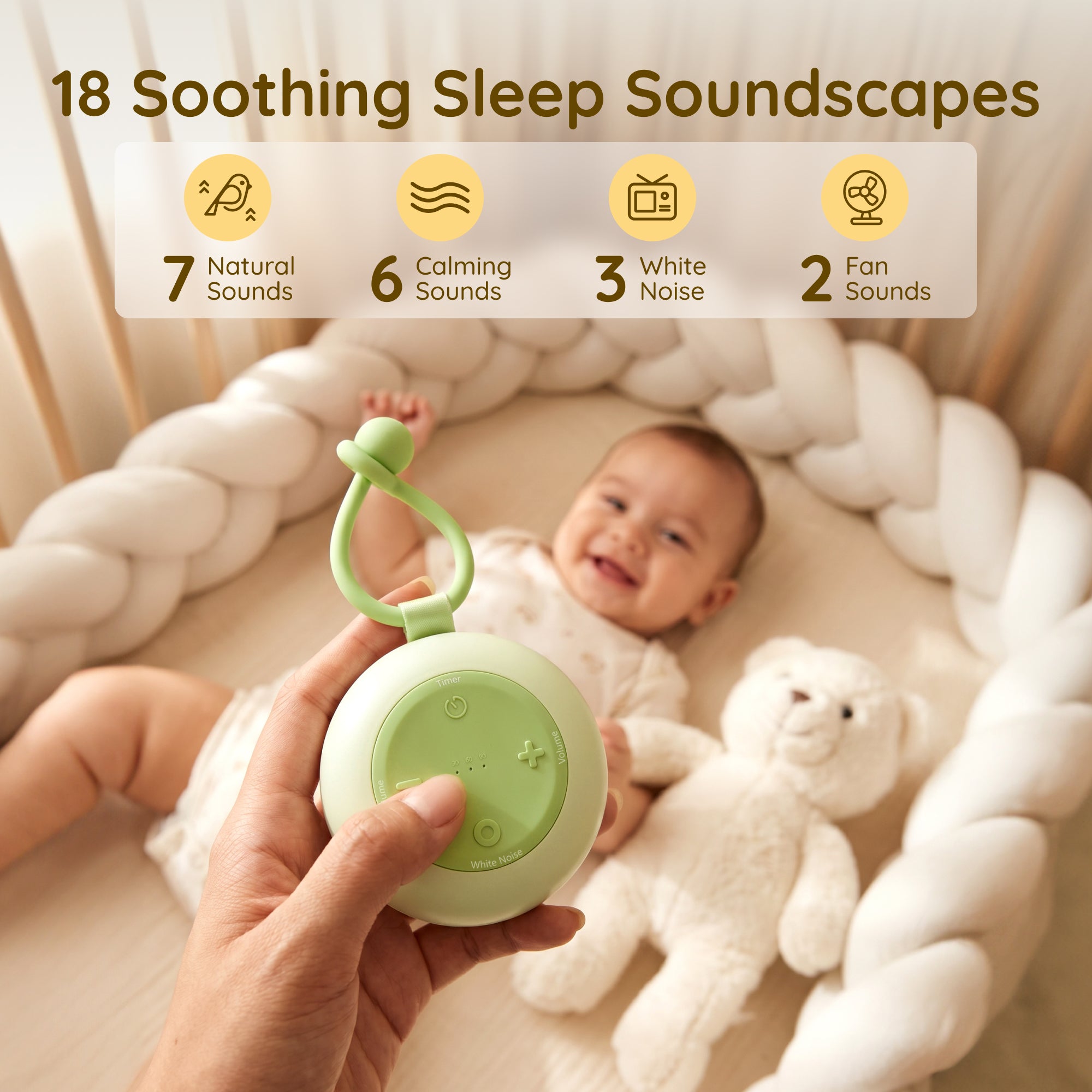 White Noise Machine with RGB Night Light, Portable Baby Sound Machine for Baby Sleeping, 18 Soothing Sounds, Child Lock, Long Battery Life, Stroller Sleep Soother for Travel, Registry, Gift