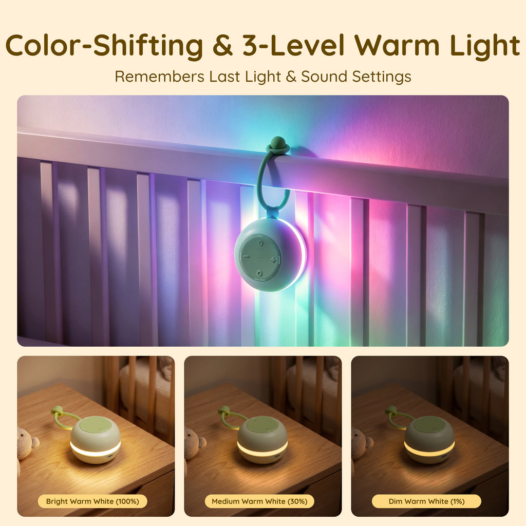 White Noise Machine with RGB Night Light, Portable Baby Sound Machine for Baby Sleeping, 18 Soothing Sounds, Child Lock, Long Battery Life, Stroller Sleep Soother for Travel, Registry, Gift